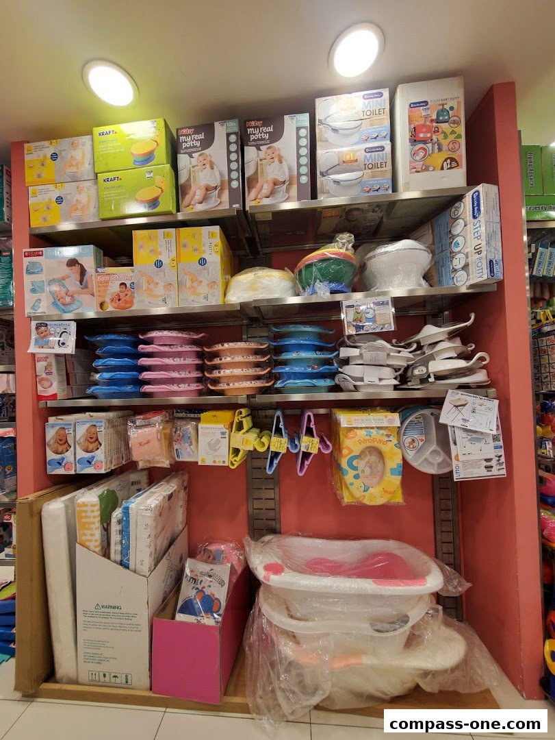 Shelves stocked with baby potty training products and bath accessories.