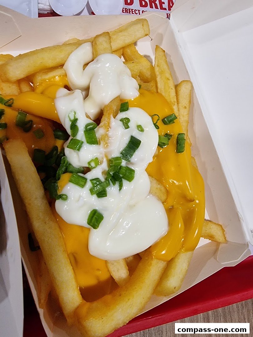 A close-up shot of KFC's cheesy fries topped with mayonnaise and chives.