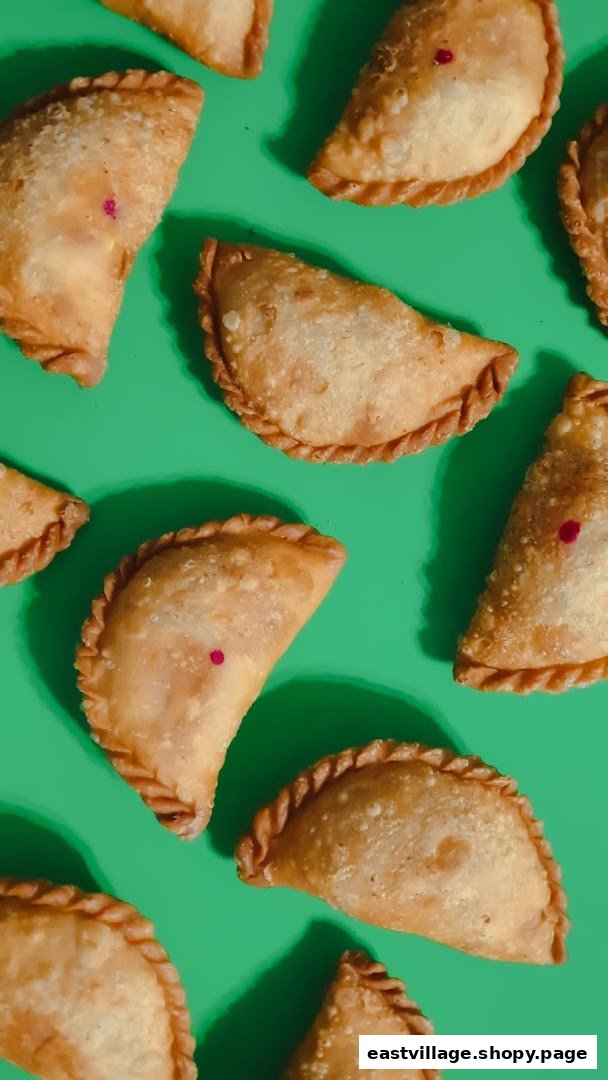 Golden-fried pastries, possibly curry puffs, arranged on a vibrant green background.