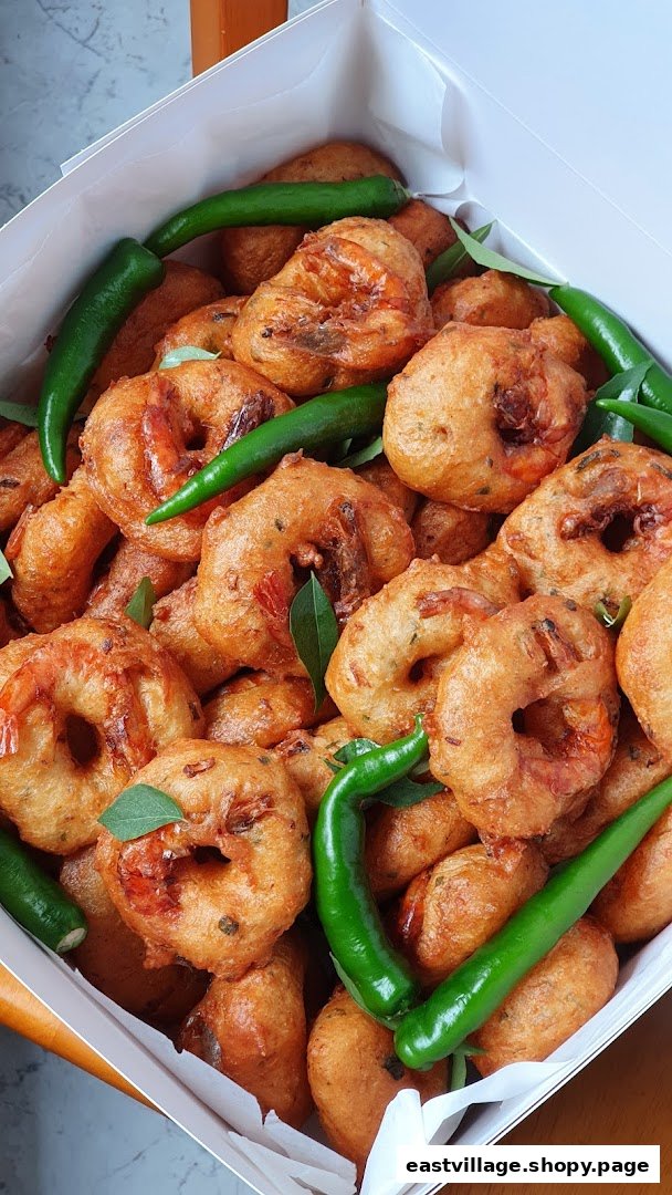 A box filled with golden-brown shrimp fritters (vada) garnished with green chilies and curry leaves.