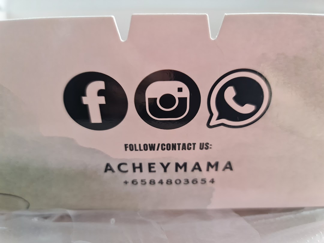 Close-up of Acheymama's social media icons and contact number on packaging.