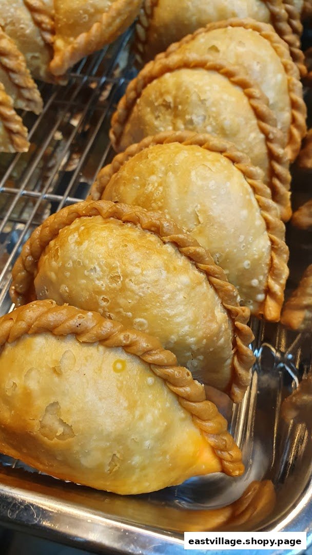 A close-up view of several golden-brown, braided pastries, likely curry puffs, arranged on a metal tray.