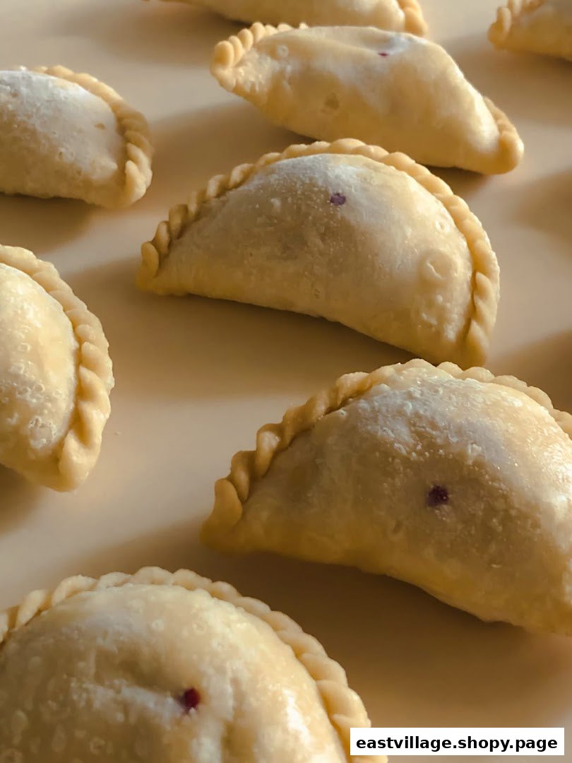 Close-up of several golden-brown pastries with crimped edges, possibly curry puffs or empanadas, on a light surface.