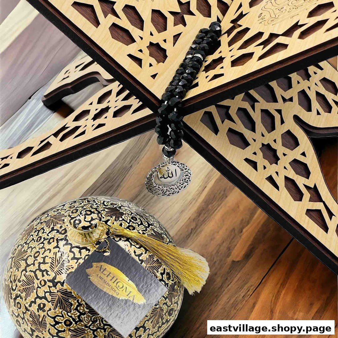 Close-up of Islamic gifts including a decorative Quran stand, prayer beads, and an ornate box.
