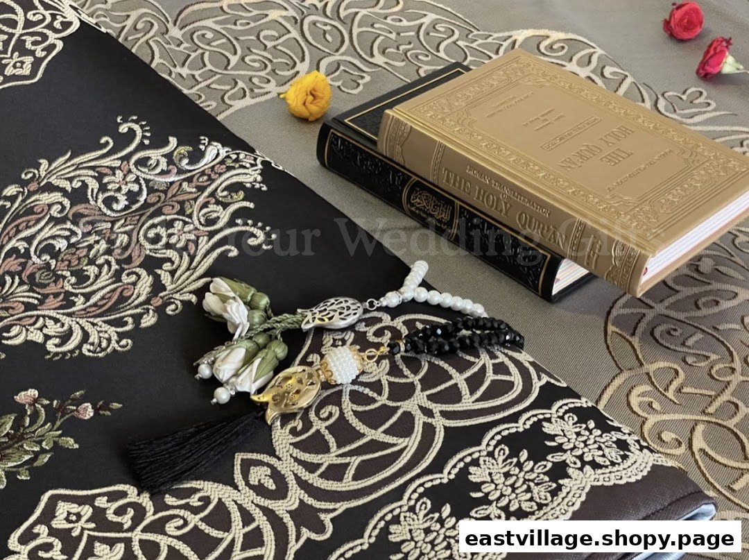A close-up of Islamic gifts including Holy Qurans, prayer beads, and an intricately embroidered prayer mat.