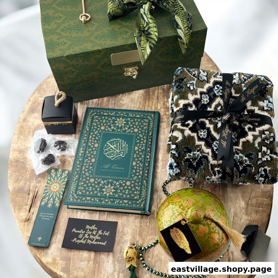 An elegant collection of Islamic gifts including a Quran, prayer mat, dates, and prayer beads.