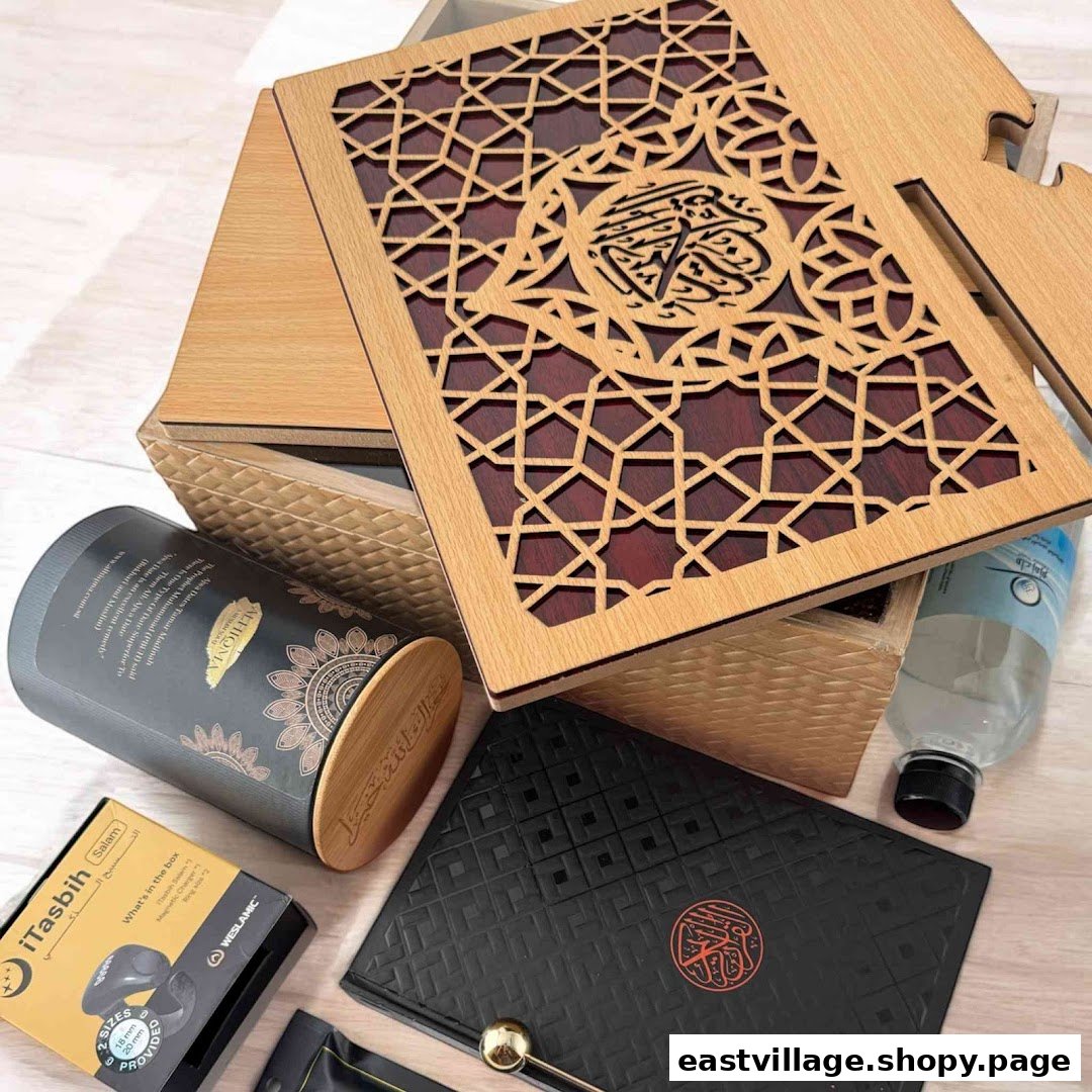 A collection of elegant Islamic gift items, including a wooden Quran box, date container, and iTasbih.