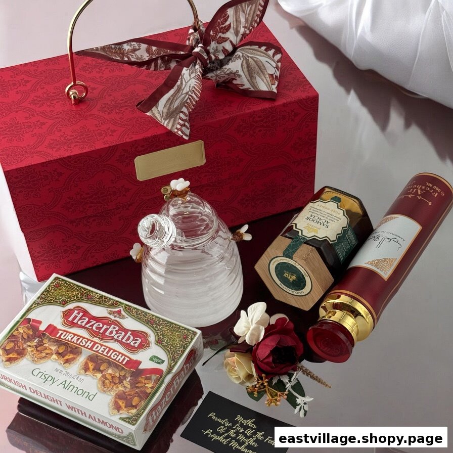 A curated collection of Islamic gifts including Turkish delight, honey, and air freshener, presented in a red gift box.