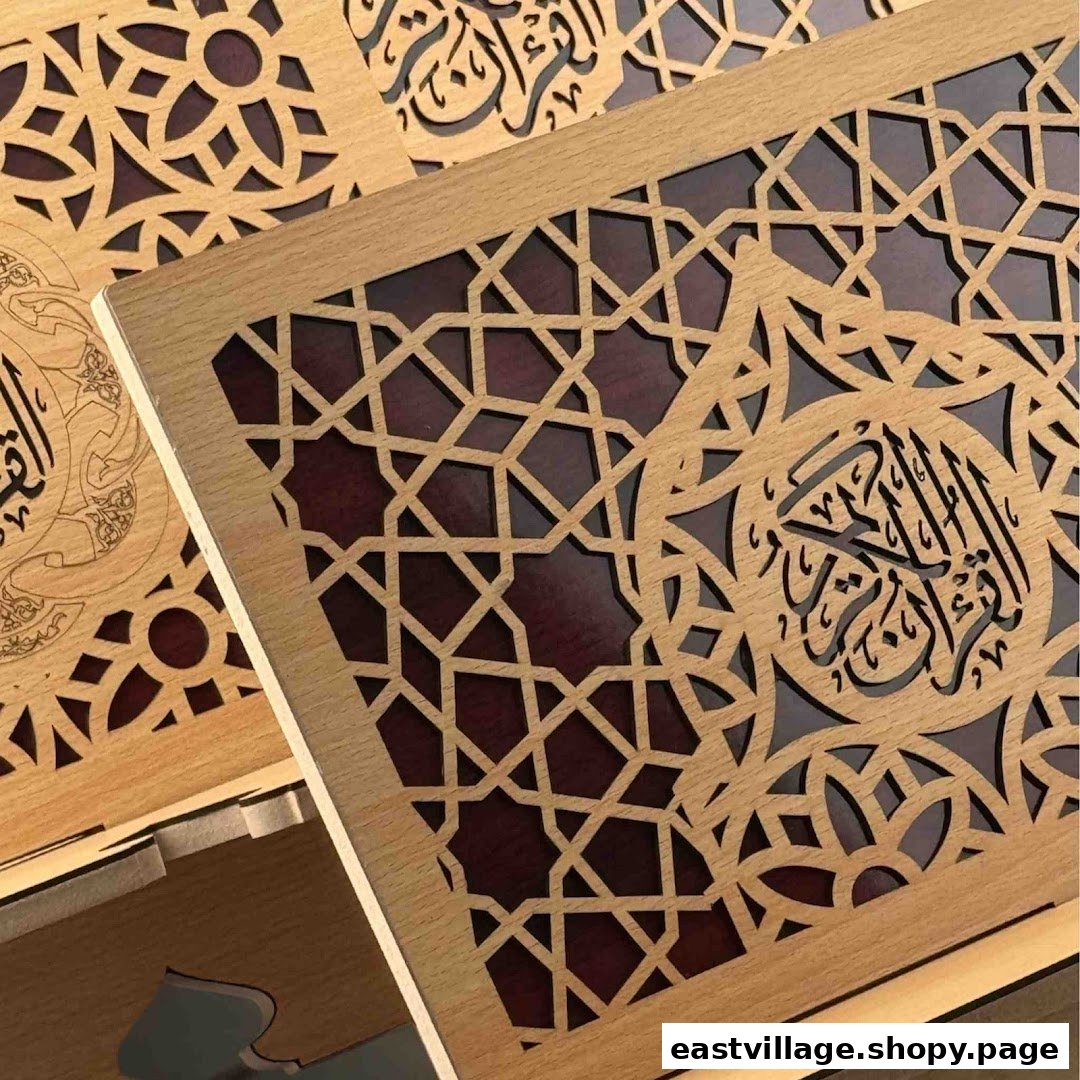 Close-up of a beautifully crafted wooden box featuring intricate Islamic geometric patterns and calligraphy.