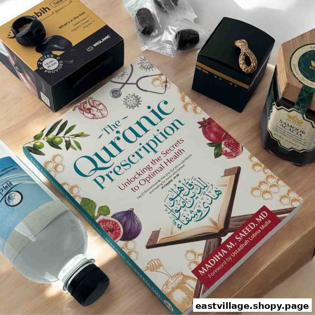A flat lay of Islamic lifestyle products including a book, honey, dates, and a smart prayer ring.