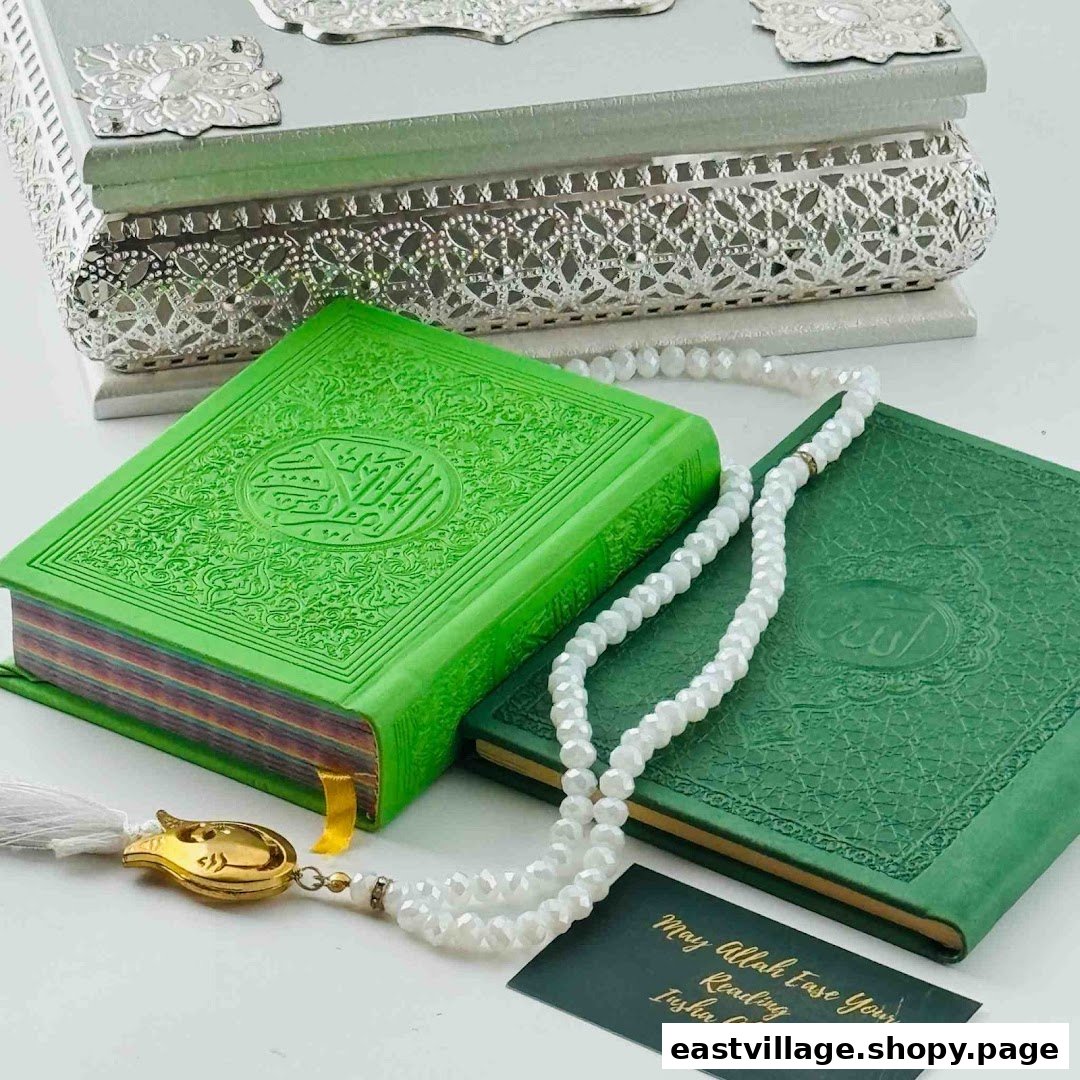 Two green Islamic holy books, prayer beads, and a decorative silver box, representing spiritual gifts.