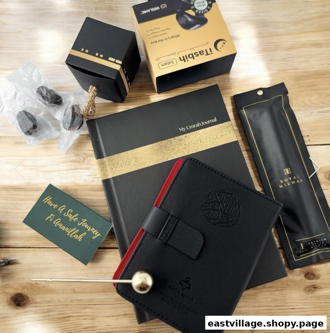 A flat lay of Islamic gift items including a journal, digital tasbih, miswak, and dates.