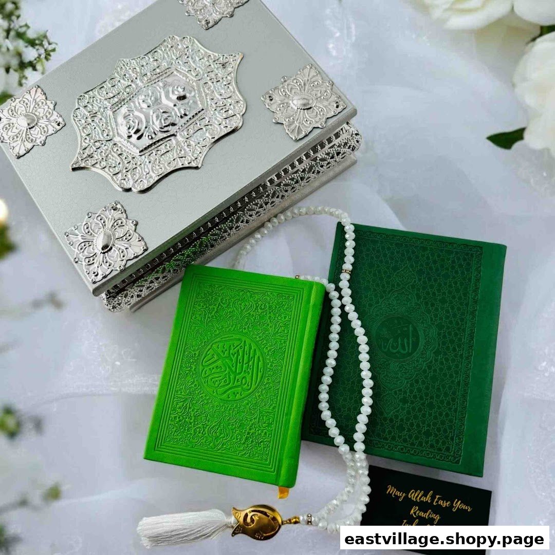 Elegant Islamic gift set featuring green Qurans, prayer beads, and a decorative silver box.