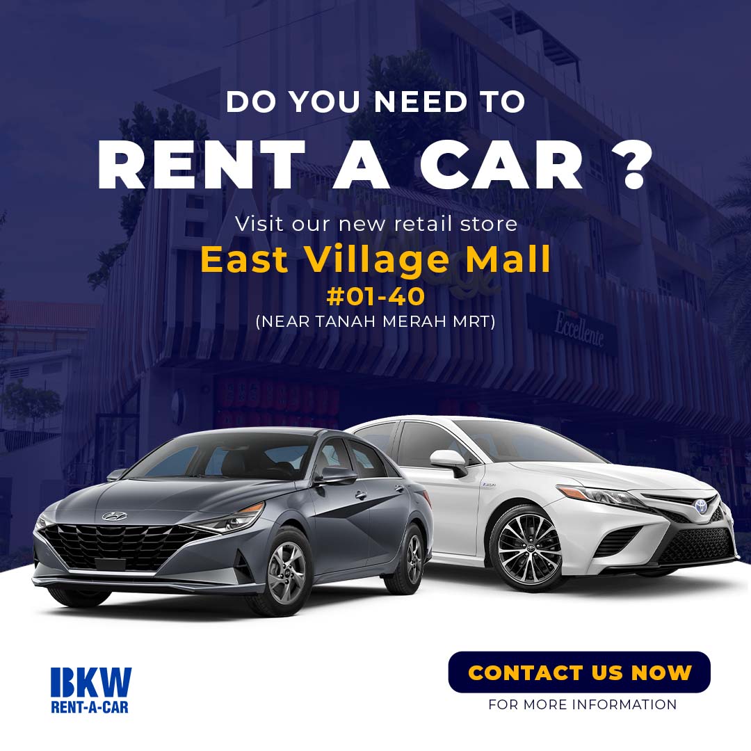 An advertisement for BKW Rent-A-Car featuring two cars and details about their new store at East Village Mall.
