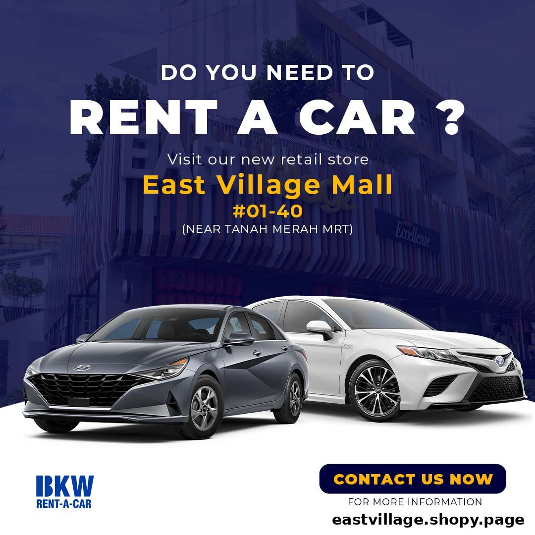 An advertisement for BKW Rent-A-Car featuring two cars and details about their new store at East Village Mall.