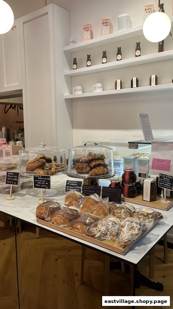 A vibrant display counter inside Café Cartisan, featuring freshly baked pastries, croissants, and retail coffee products.