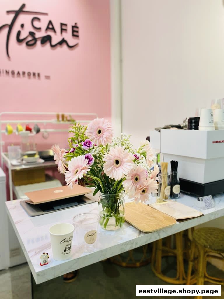A cozy counter at Café Cartisan featuring a fresh flower bouquet and coffee essentials.