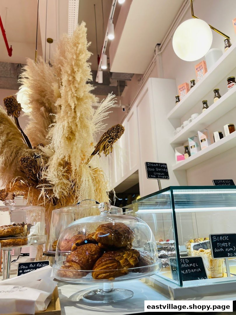An inviting coffee shop interior showcasing freshly baked pastries, cakes, and specialty coffee items.