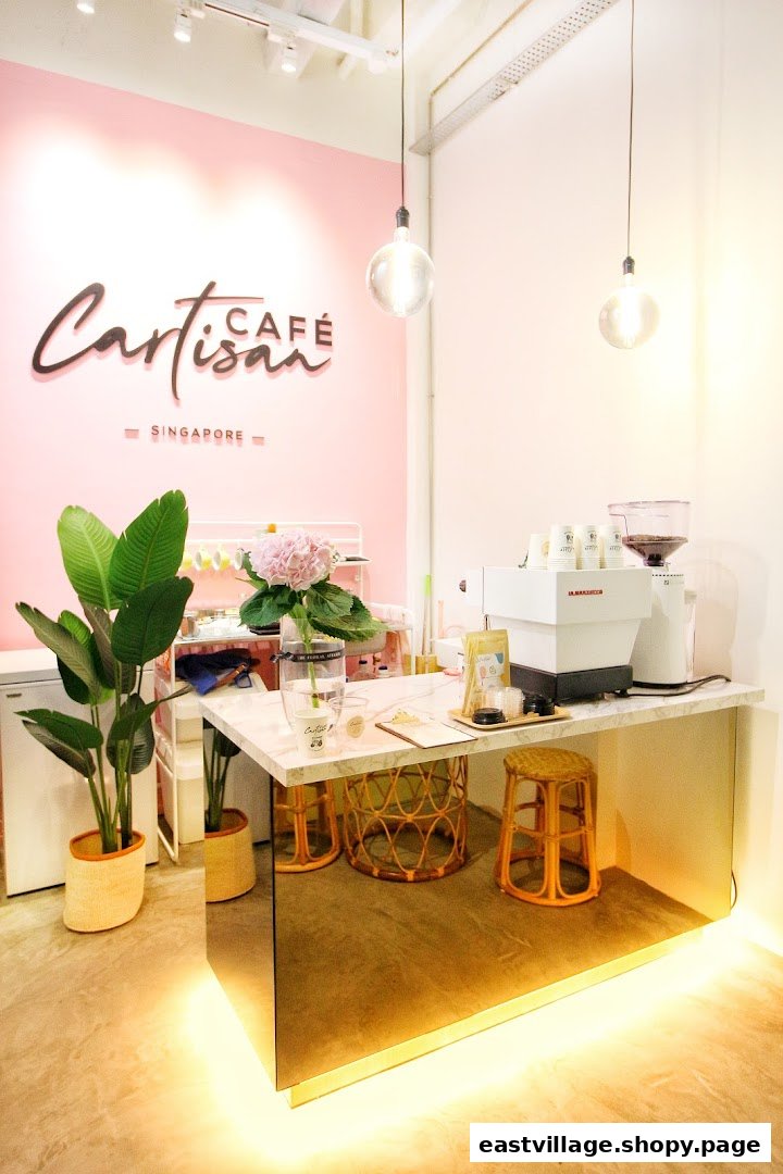 A bright and inviting interior of Café Cartisan, featuring a modern coffee counter with pink walls and lush plants.