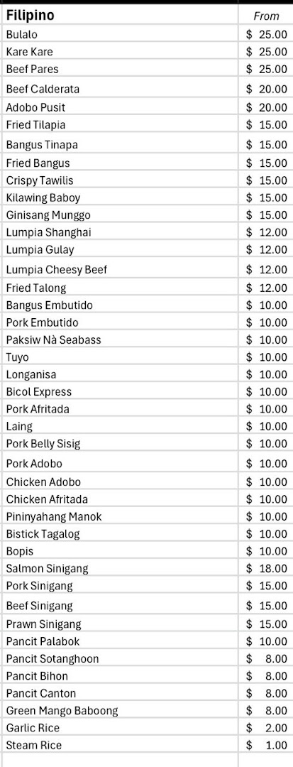 A detailed menu displaying various Filipino dishes and their prices.