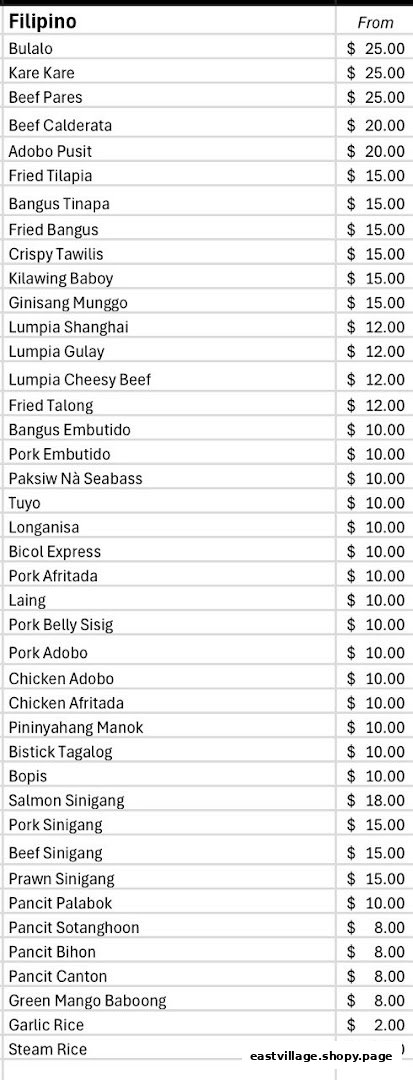A detailed menu displaying various Filipino dishes and their prices.