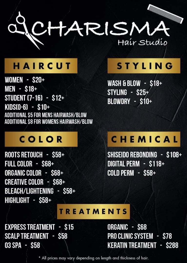A detailed price list for various hair services offered at Charisma Hair Studio.