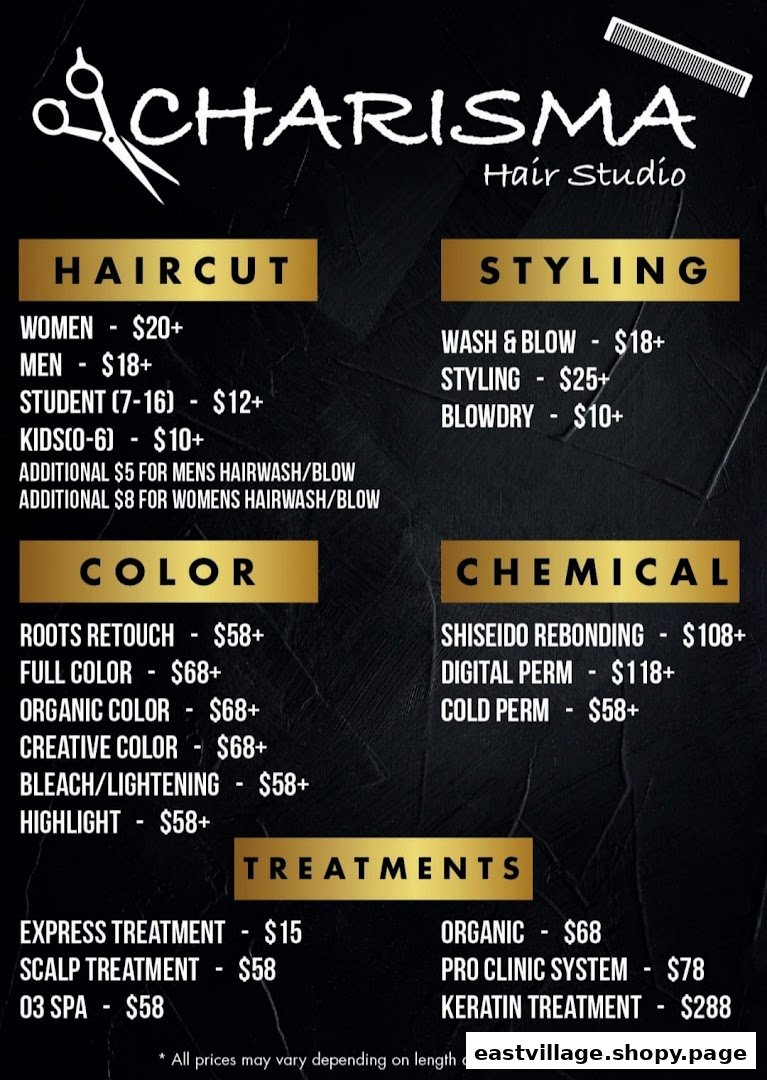 A detailed price list for various hair services offered at Charisma Hair Studio.