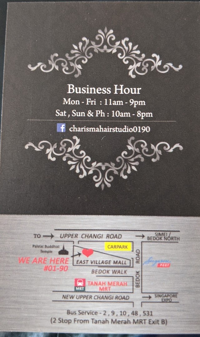 Image displaying Charisma Hair Studio's business hours, Facebook handle, and a detailed location map.
