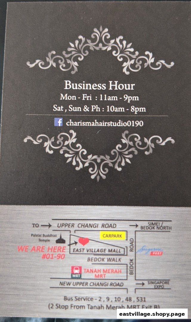 Image displaying Charisma Hair Studio's business hours, Facebook handle, and a detailed location map.