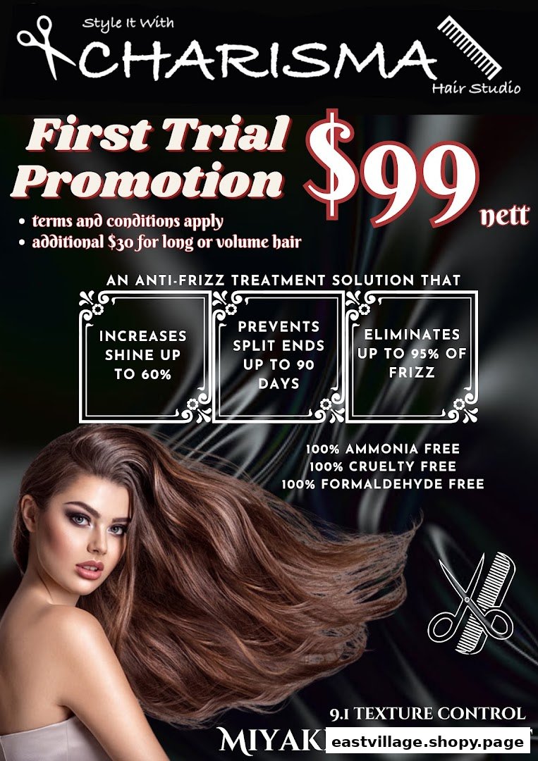 A promotional poster for Charisma Hair Studio's Miyaki anti-frizz treatment, featuring a first trial offer.