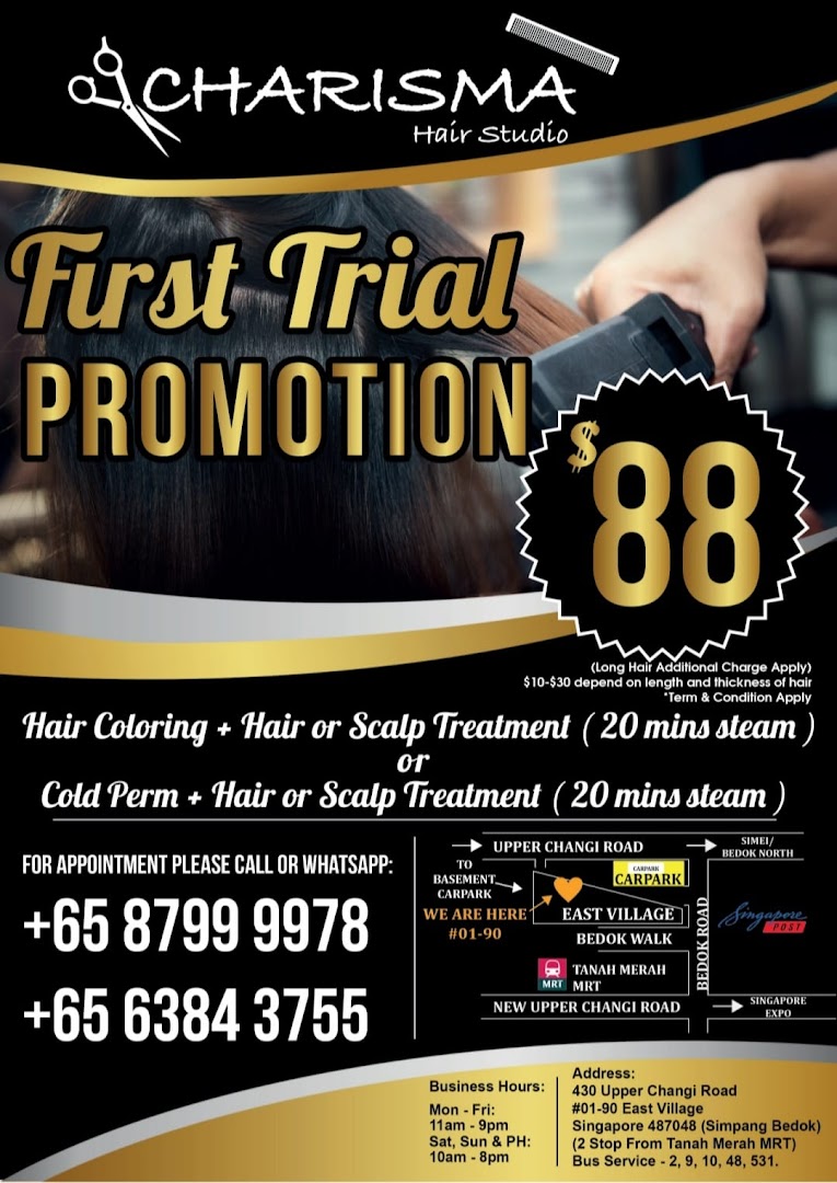 A promotional poster for Charisma Hair Studio featuring a first trial offer for hair services.