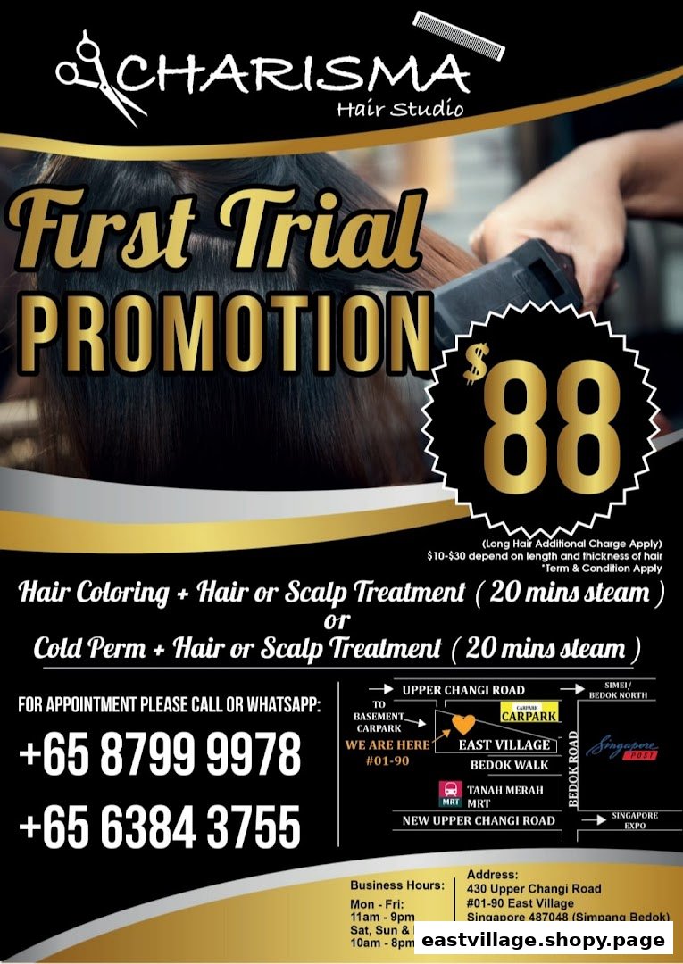 A promotional poster for Charisma Hair Studio featuring a first trial offer for hair services.