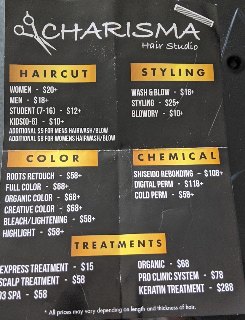 A detailed price list for various hair services offered at Charisma Hair Studio.