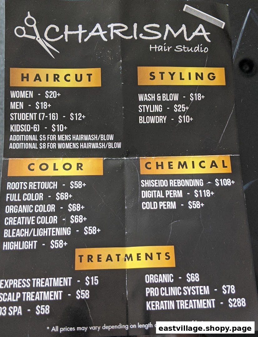 A detailed price list for various hair services offered at Charisma Hair Studio.