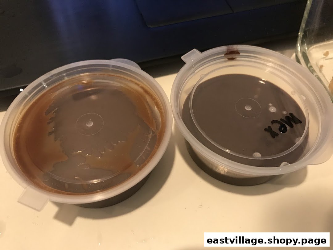 Two plastic containers with lids, one holding a caramel-colored sauce, the other a dark chocolate sauce.