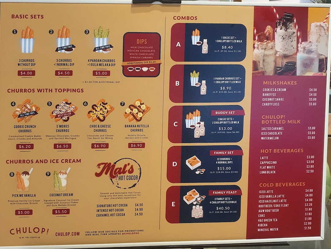 A vibrant menu board for Chulop! by The Syarifs, showcasing churros, dips, combos, milkshakes, and beverages.