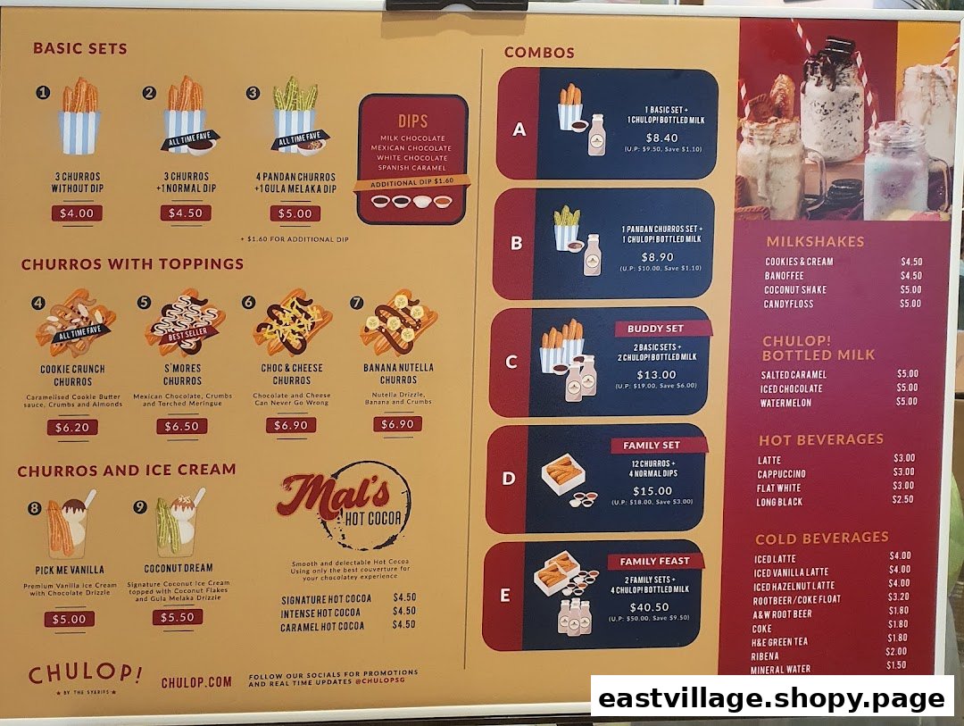 A vibrant menu board for Chulop! by The Syarifs, showcasing churros, dips, combos, milkshakes, and beverages.
