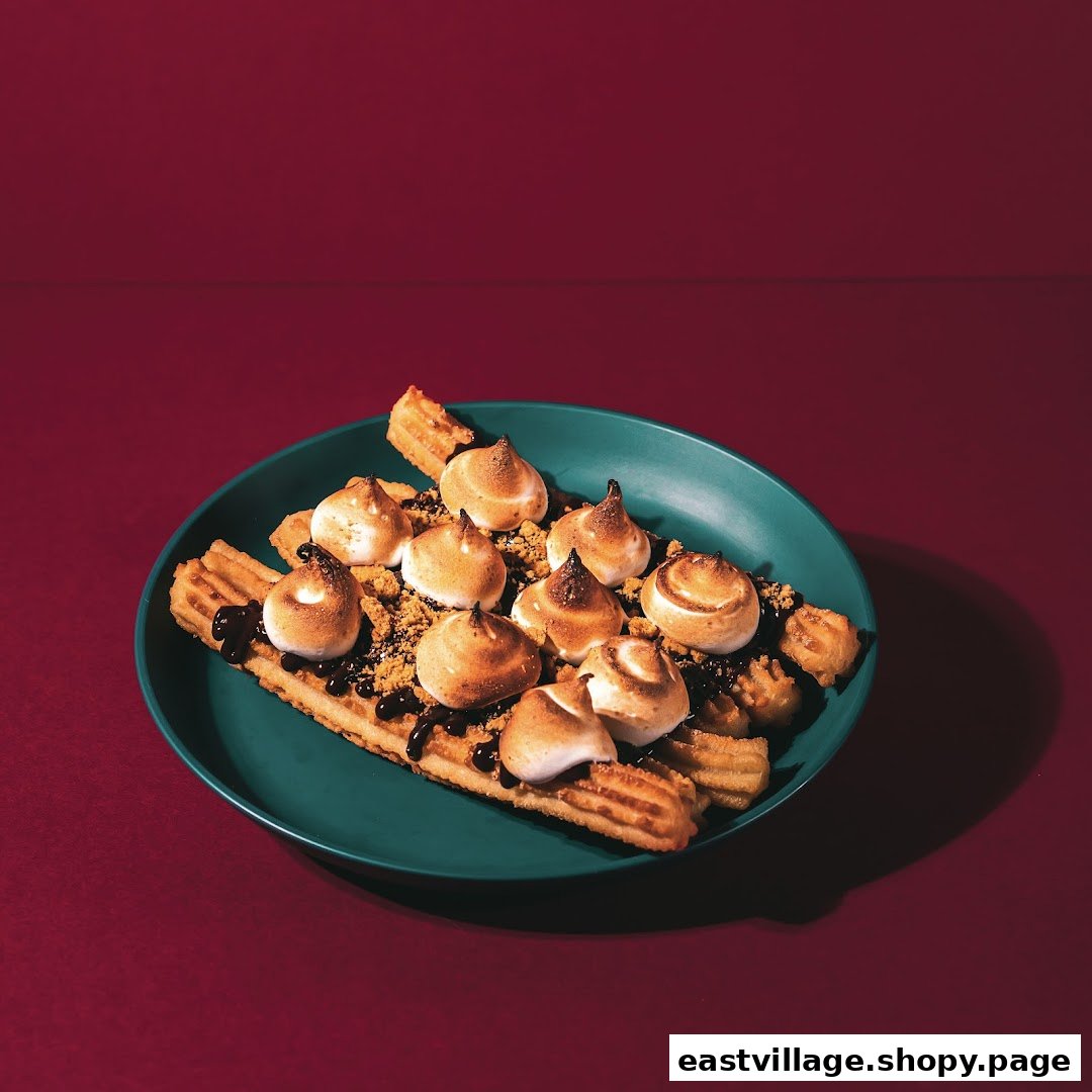 A plate of churros topped with toasted meringue, chocolate drizzle, and cookie crumbs.