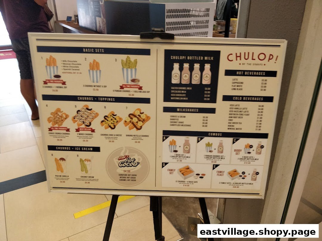 A vibrant menu board for Chulop! by The Syarifs, showcasing churros, drinks, and combos.
