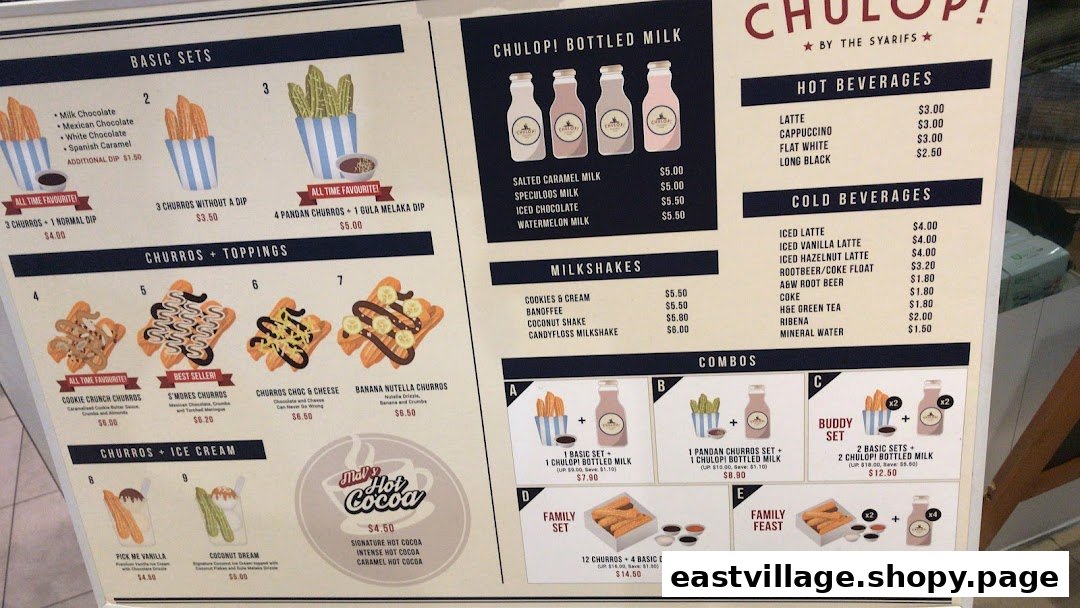A detailed menu board for Chulop! by The Syarifs, featuring churros, beverages, and combos.