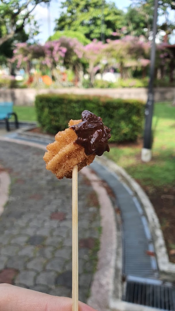 A single churro on a stick, topped with rich chocolate sauce, held outdoors.