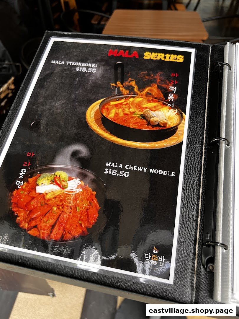 A menu page from Dalcomhan Bam featuring spicy Mala Series Korean dishes with prices.