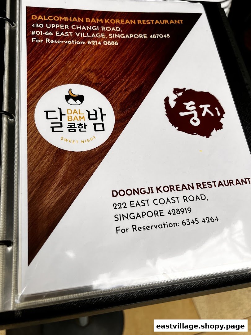 A menu page displaying contact information for Dalcomhan Bam and Doongji Korean Restaurants.