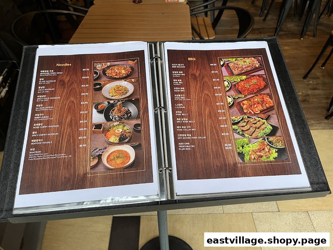A detailed menu displaying various Korean noodle and BBQ dishes with prices and images.