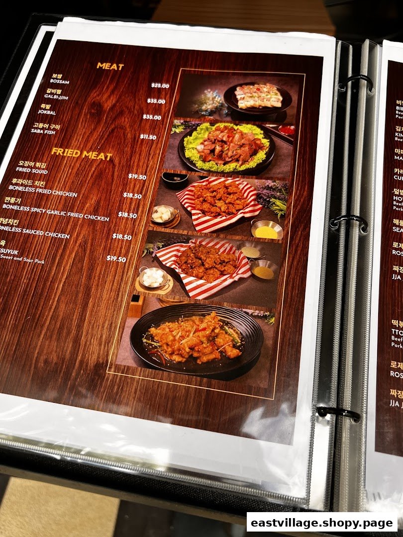 A menu page displaying various Korean meat and fried meat dishes with prices and images.