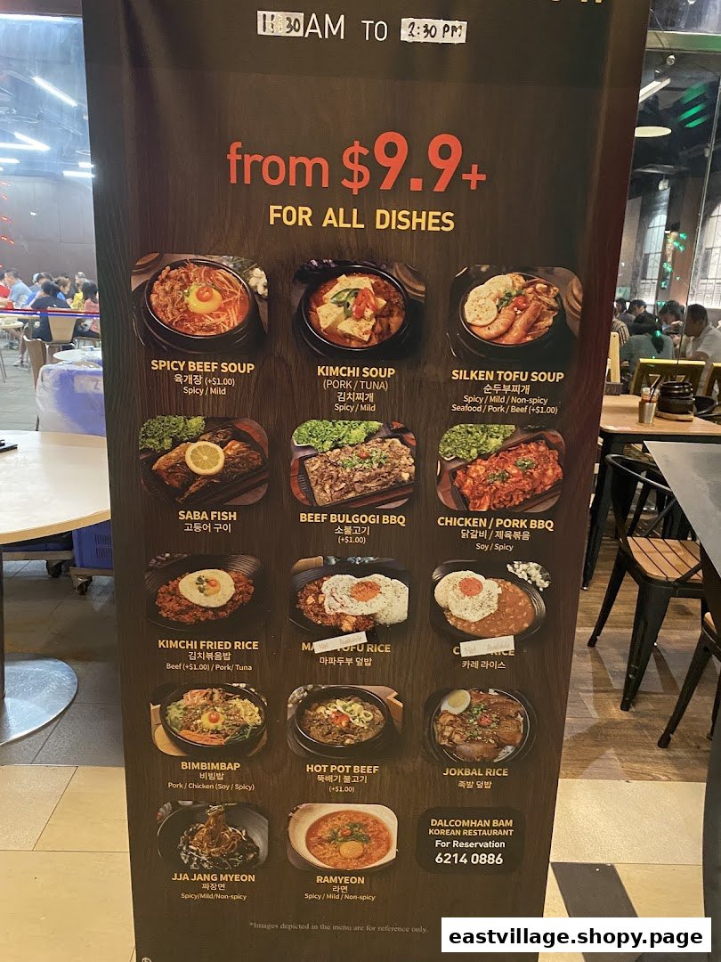 A promotional banner displaying the lunch menu and special pricing for Dalcomhan Bam Korean Restaurant.