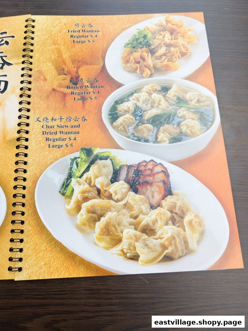 A close-up of a menu page featuring various delicious wantan dishes with prices and images.