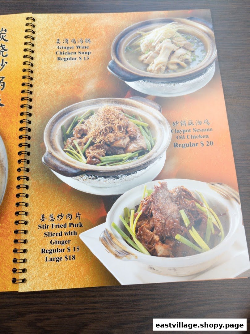 A close-up of a menu page featuring traditional Chinese claypot and soup dishes with prices.