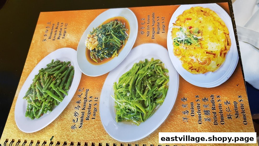 A vibrant menu page showcasing various vegetable dishes and omelettes with prices.