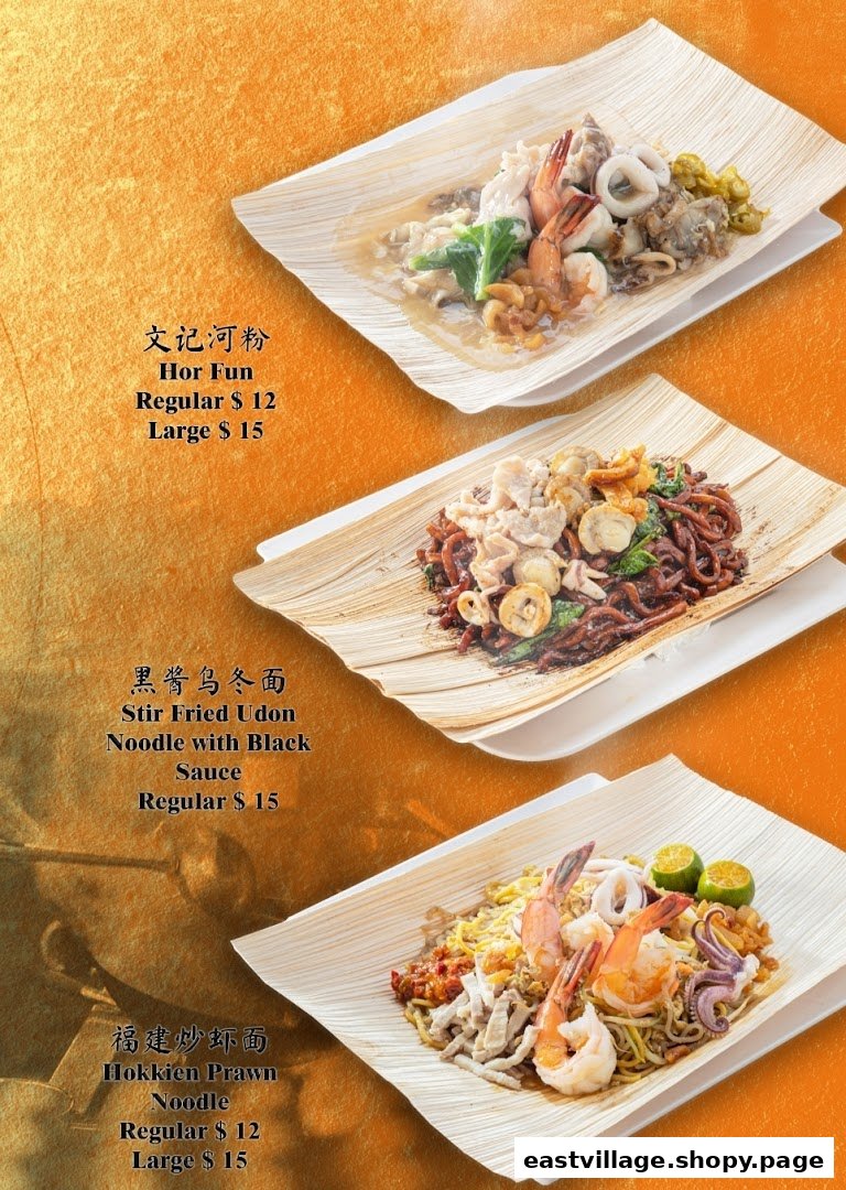 A menu displaying three popular noodle dishes: Hor Fun, Stir Fried Udon, and Hokkien Prawn Noodle, with prices.